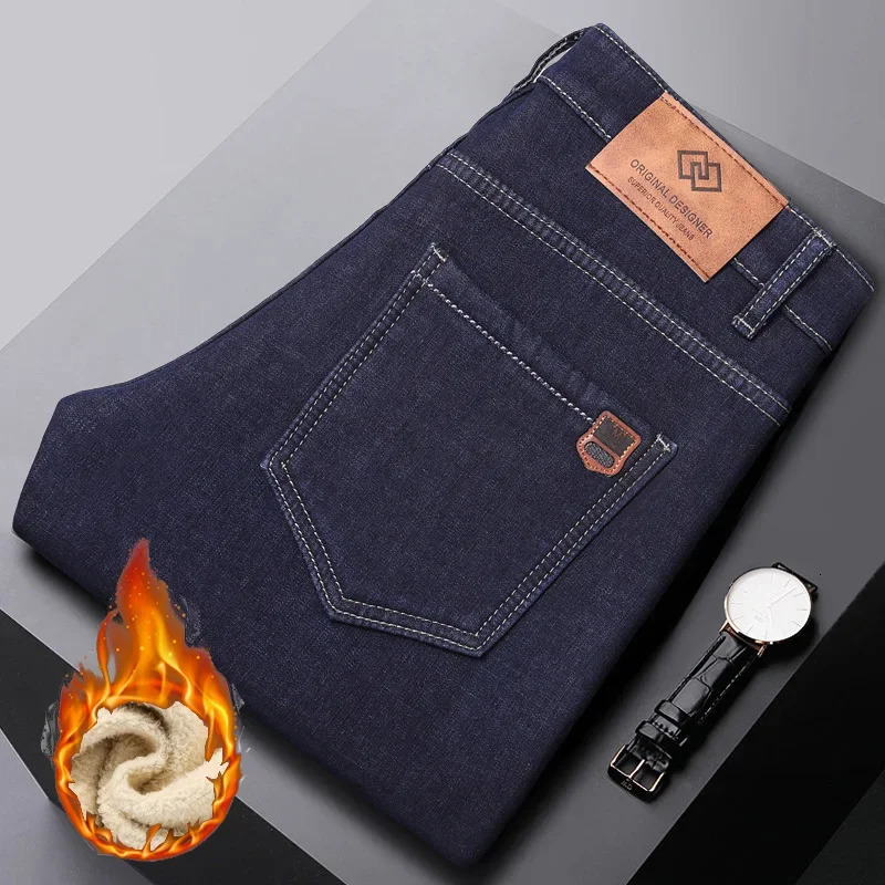Winter Men Plush Wool Elastic Straight Denim Pants Soft Fabric Thicken High Waist Stretch Jeans Male Warm Fleece Work Trousers 241230