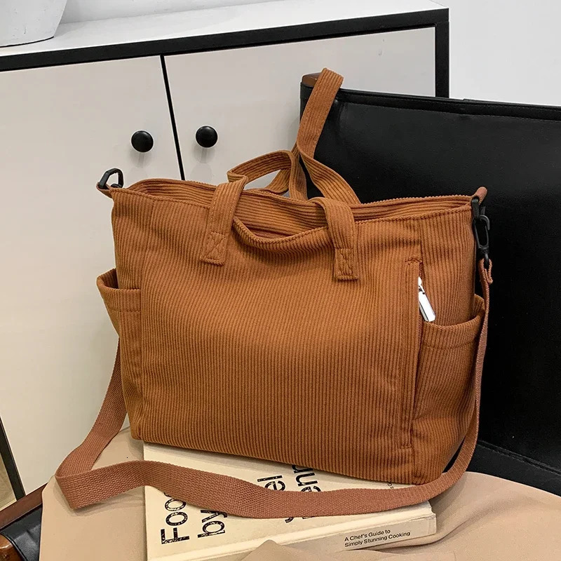 Corduroy Large Capacity Womens Tote Bag Zipper Solid Color Versatile Casual Crossbody Bag Soft Trendy Simple Handbag 250102