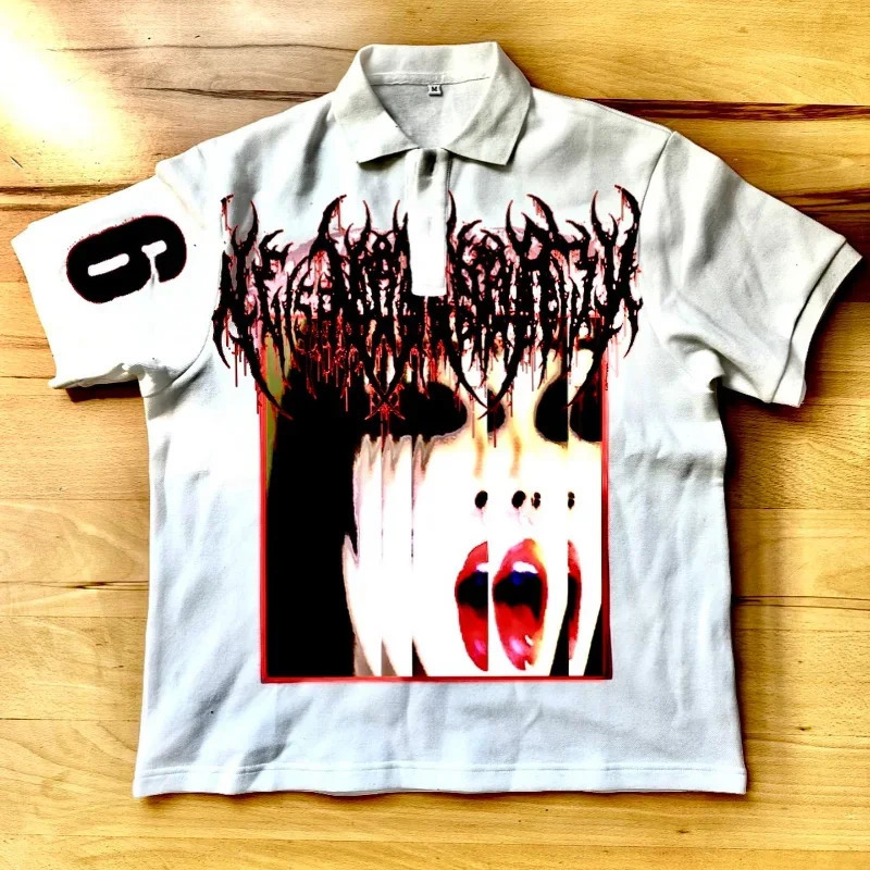 Y2K Punk Goth Style Fashion Personality Unique Polo Shirt Street Hip Hop Harajuku Men Short Sleeved Graffiti Summer Dress 250103