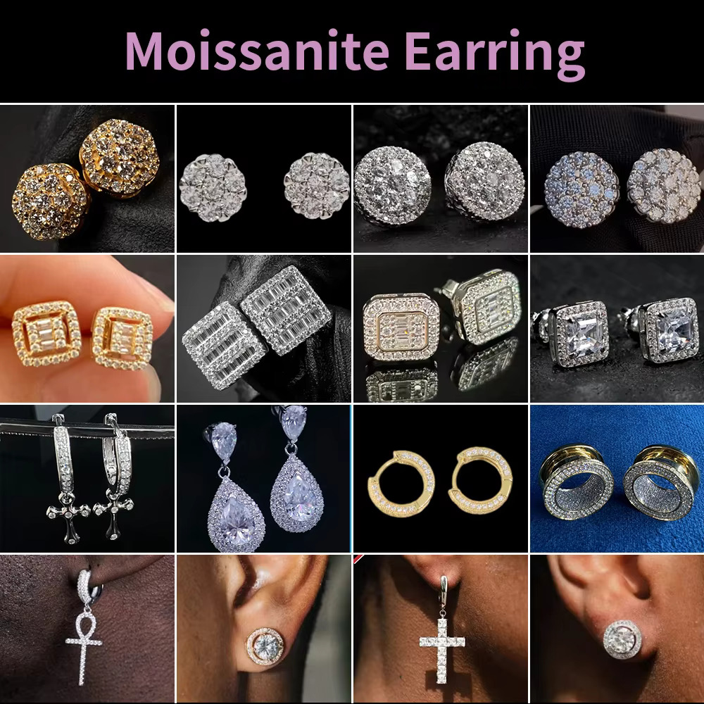 Bg Earrings Triple Color Sier Iced Out Cluster Halo VVS Moissanite Stud Earring