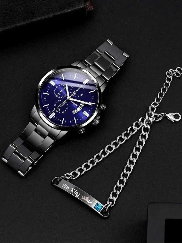 2PC Mens Busin Gentlemens Steel Belt Calendar Quartz+Chain Bracelet Set W250104