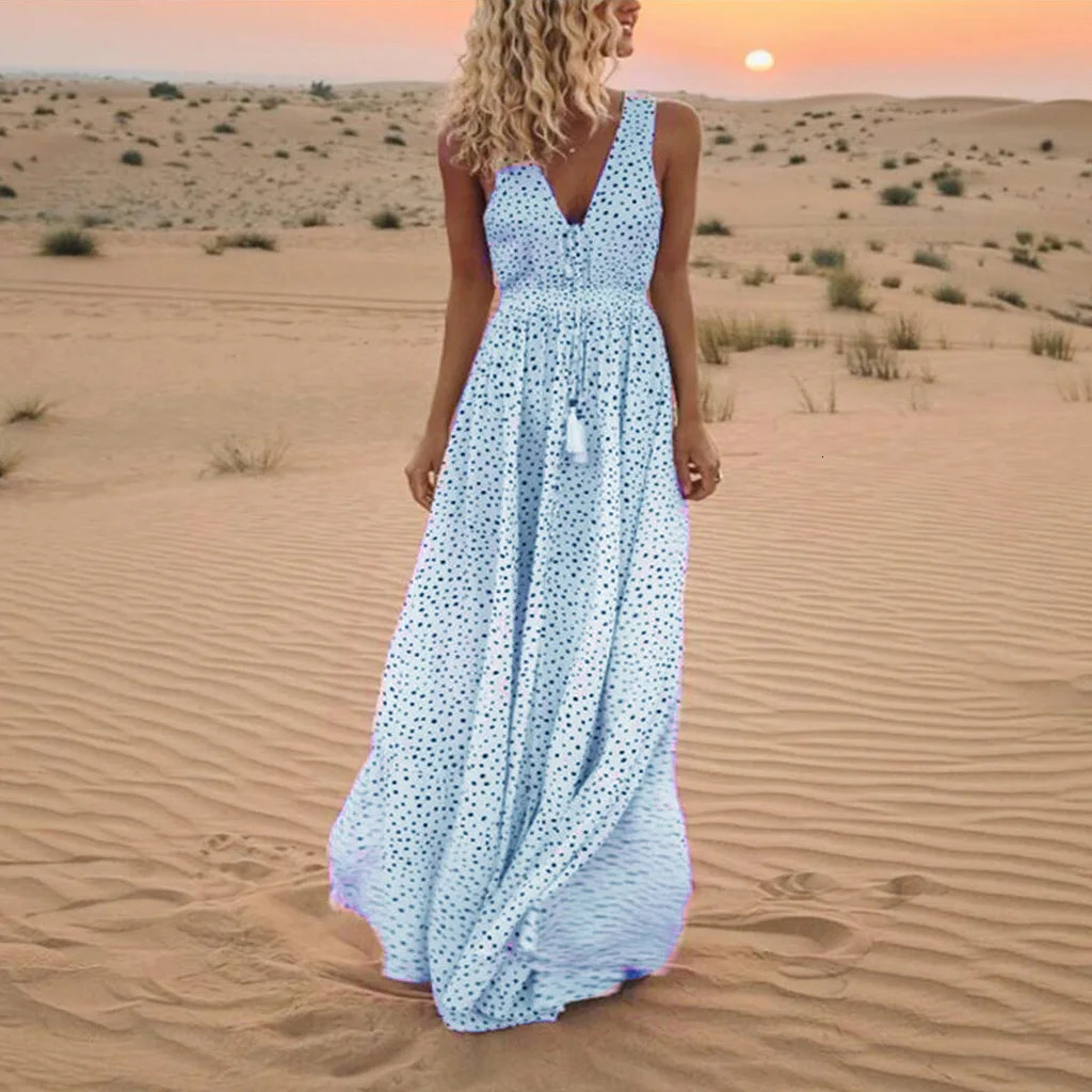 Casual printed fashionable sleeveless vest long dress 2025 summer bohemian V-neck loose A-line dress elegant beach party dress long robe women 250103
