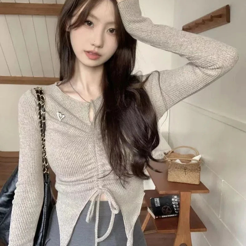 Sweet Drawstring Short T Shirts Spring Autumn long sleeved V-neck solid seam hem sexy slim fit top Y2K fashion womens clothing 250103