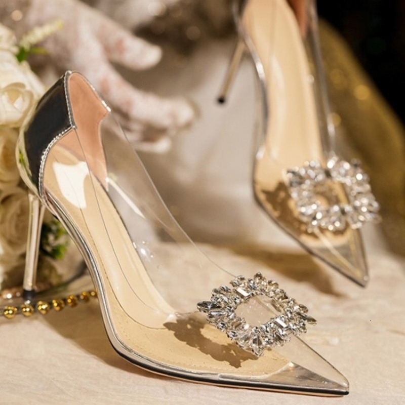 Transparent Rhie Square Buckle High 2024 Spring And Summer New Sexy Pointed Toe Shallow Mouth Stiletto Heels