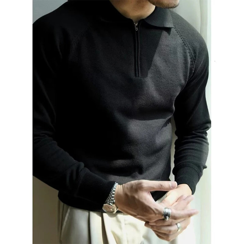 Autumn clothing mens knitted polo shirt casual fashion zipper solid color long sleeved zipper casual shirt 250103