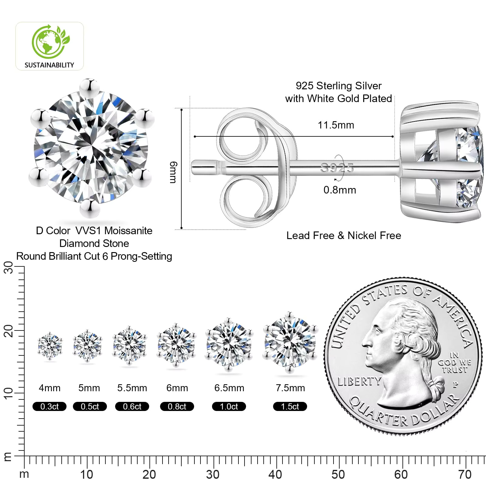 Classic Mossanite Dia Ear Stud 3-8mm 1ct 2ct 14K Gold Plated Sterg Sier VVS GRA Moissanite Earring for Women Men