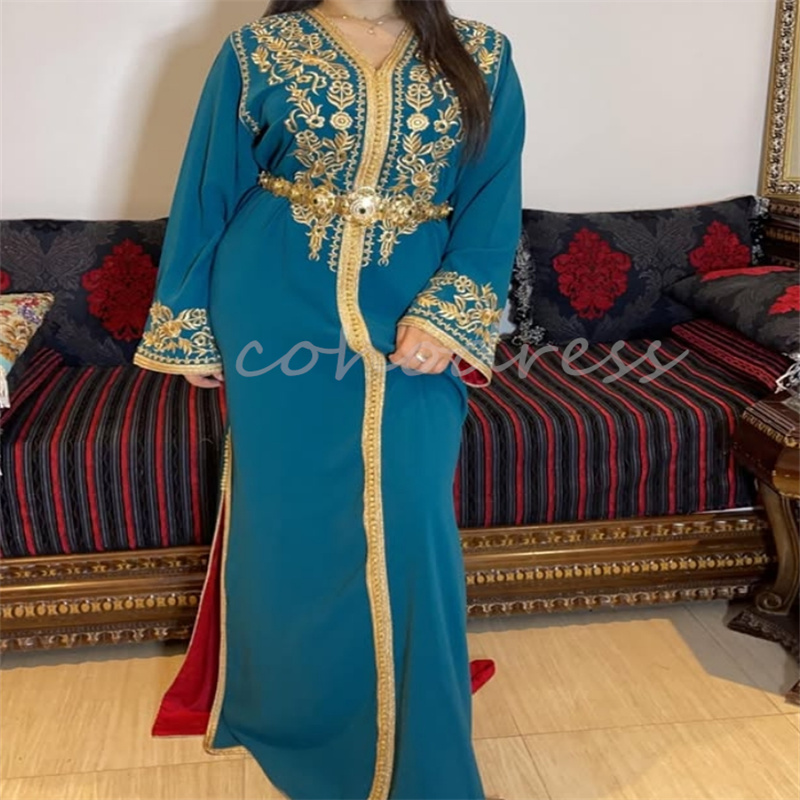 Arabian Caftan Blue Evening Dress Elegant Embroidery Plus Size Prom Dress Long Sleeve Arabic Dubai Formal Party Gown Luxury Vestidos De Novia Middle E