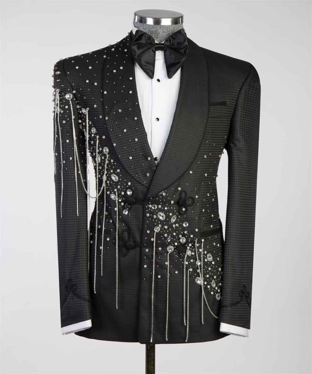 Handsome Crystals Beaded Suits Men Double Breated Jacket Pants 2 Pieces Groom Wear Tuxedos Custom Made Man Business Dinner Party Customized