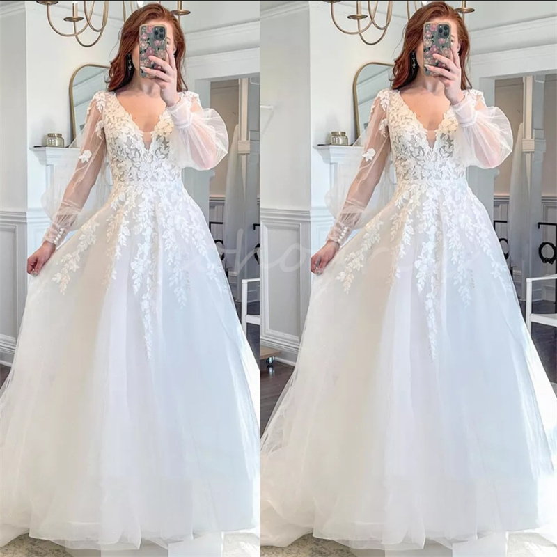Chic Boho Wedding Dress With Long Sleeve V Neck A line Ethereal Tulle Bohemian Beach Bridal Dress Civil Country Bride Simple Fiary Robe De Mariee 2025