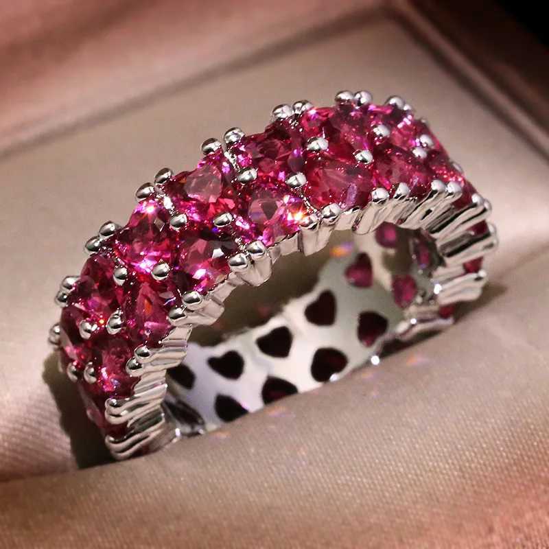 Fashion La 925 Silver Luxury Pink Heart-shed Full Diamond Zircon Ring Engagement Bridal Jewelry Christmas Gift Cute RingXJ250514