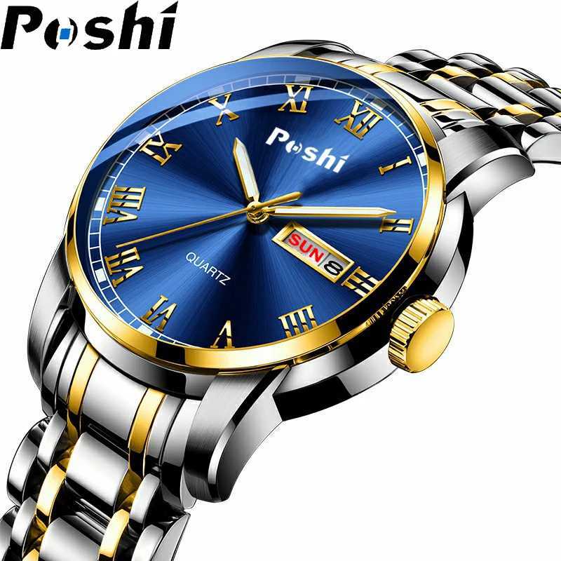 POSHI Mens Stainless Steel Top Luxury Button Hidden Buckle Waterproof Luminous Date Week Sports Watch W250104