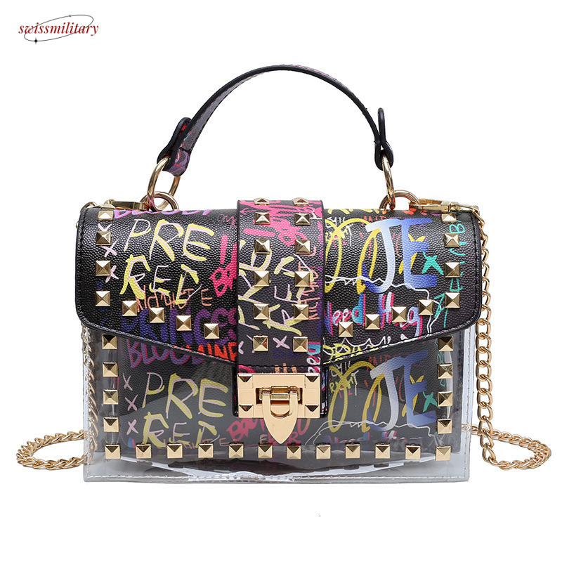 Bag girl funny graffiti letter small square Fu Shang shoulder transparent jelly chain crossbody bag #31 swissmilitary