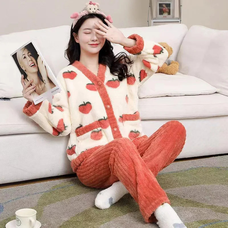 2Pcsset womens coral velvet pajamas small fragrant wind autumn and winter padded thickened warm peachcoloured student hom 250103