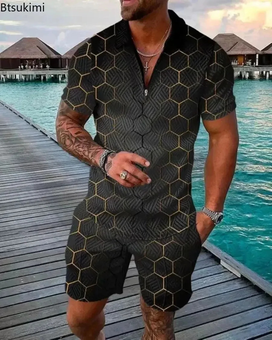 2024 Trend Men Streetwear Fashion Half Zip Polo Shirtsshorts 2 PCS Sets Mens 3D Digital Print Casual Suit Male Tracksuits 250102