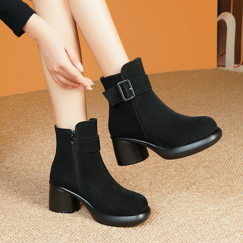 AIYUQI Snow Boots Women Genuine Leather Women Ankle Boots High Heel Fashion Non-slip Natural Wool Women Winter Boots