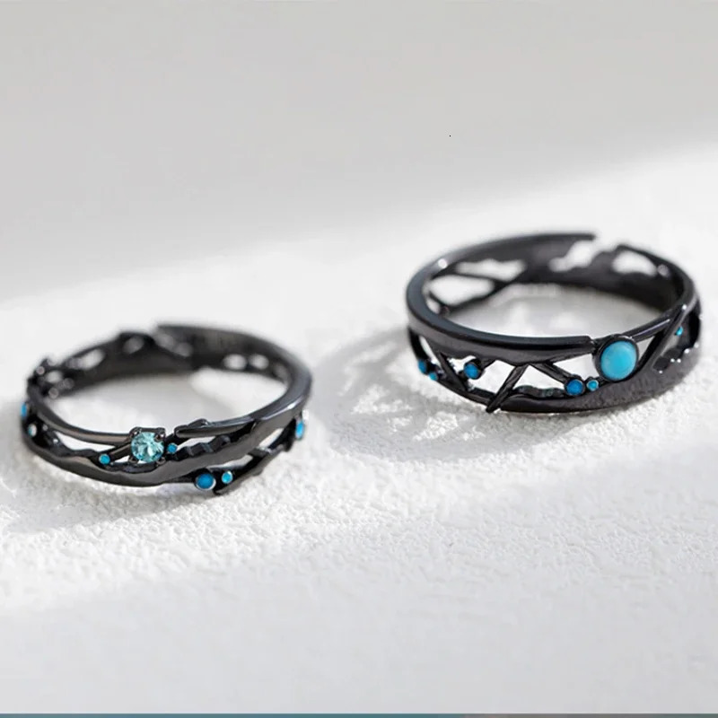 Monkton 100% 925 Sterling Silver Couple Rings Blue Cubic Zirconia Wedding Bands Boho Black Retro Rings for Women Lovers Gift 250103