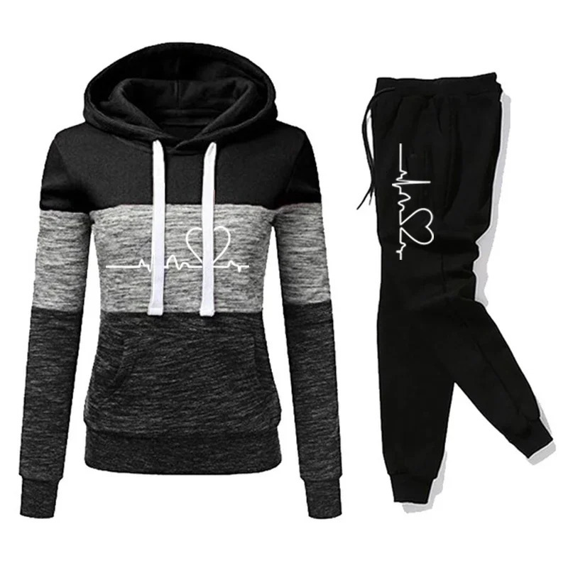Womens Tracksuit printed hooded sweatshirt sports pants color block casual jogging rally sports Trouser set S-3XL 241230