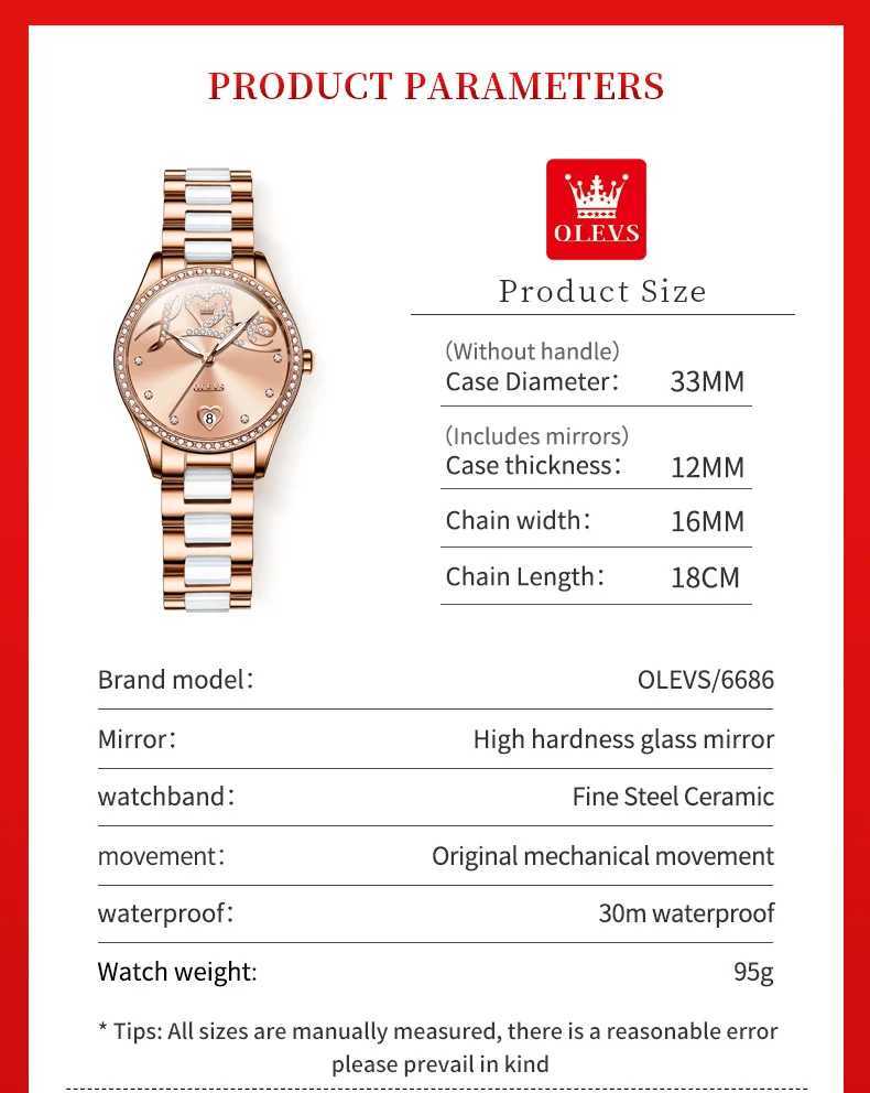 OLEVS Original Automatic Womens Watch Elegant Diamond Dial Ceramic Str Mechanical Watch Set W250104