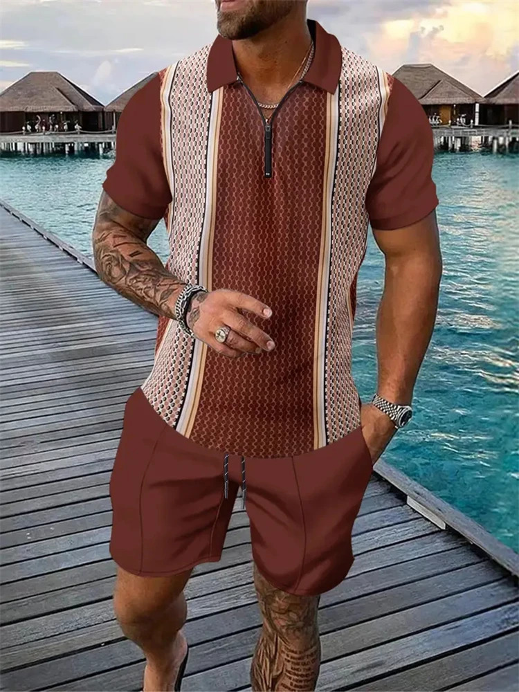 Summer Fashion Mens Brown Printed Polo Shirt And Shorts 2 Piece Zipper Sweatshirt Set Oversized Vacation T-Shirt Suit Clothing 250103