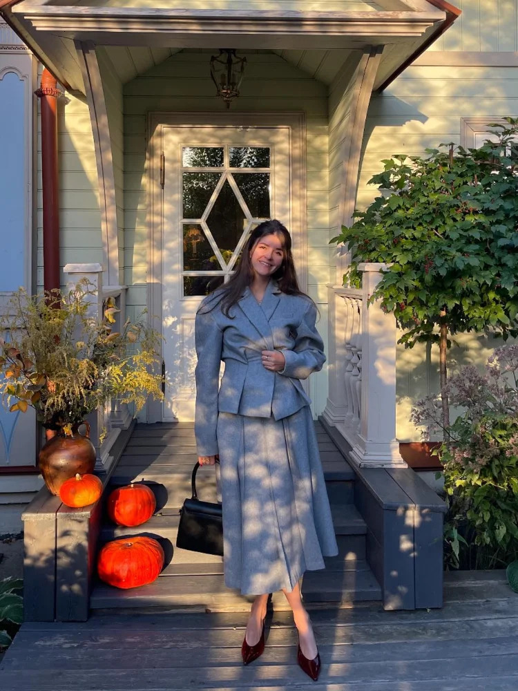 Elegant Women Grey Woolen Blazer Coat Skirt Suits Fashion Lapel Full Sleeves Coats Long Pleated Skirt Set Autumn Lady Outfits 241224