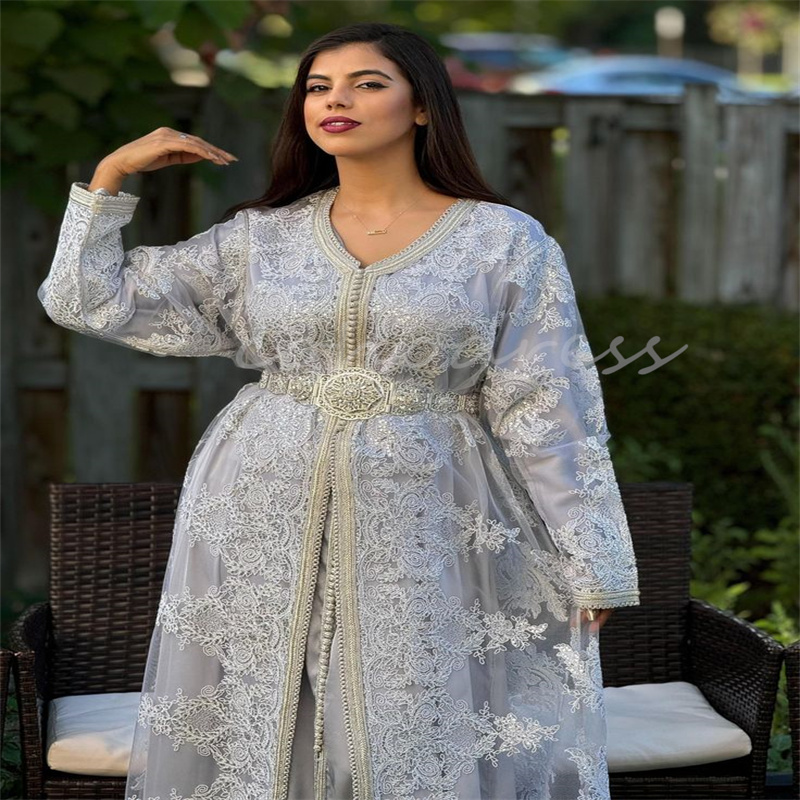 Turkish Moroccan Arabian Evening Dress Appliques Lace Caftan Marocaine Plus Size Prom Dress Long Sleeve Algerian Karakou Dubai Abaya Party robe de soi