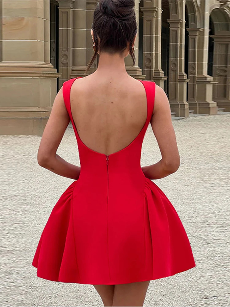 Fashionable solid sleeveless womens clothing elegant backless A-line womens party dress 2025 spring ultra-thin evening club womens clothing 250103