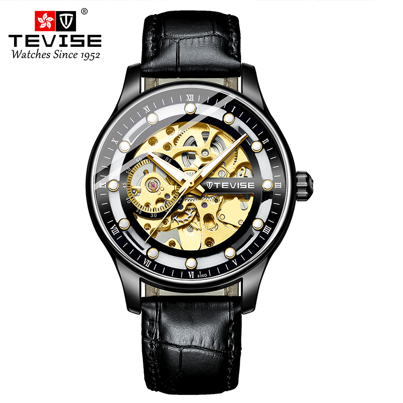 TEVISE New Style Mechanical Watch Hollow-out Design, Mens Leather Strap Fashionable Waterproof Men's Mechanical Watch T027- T836D