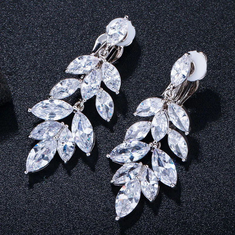 ThreeGraces Sparkling Marquise Cut CZ Crystal Bridal Wedding Long Drop Clip On Earrings for Women Non Pierced Ear Jewelry EJ0032 250103