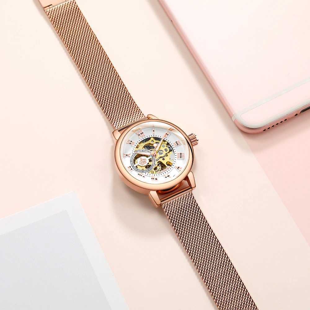 Orkina Mechanical Women Bracelet Skeleton Automatic Wrist Mesh Stainless Steel Strap Womens Clock Fashion Reloj Drone W250104