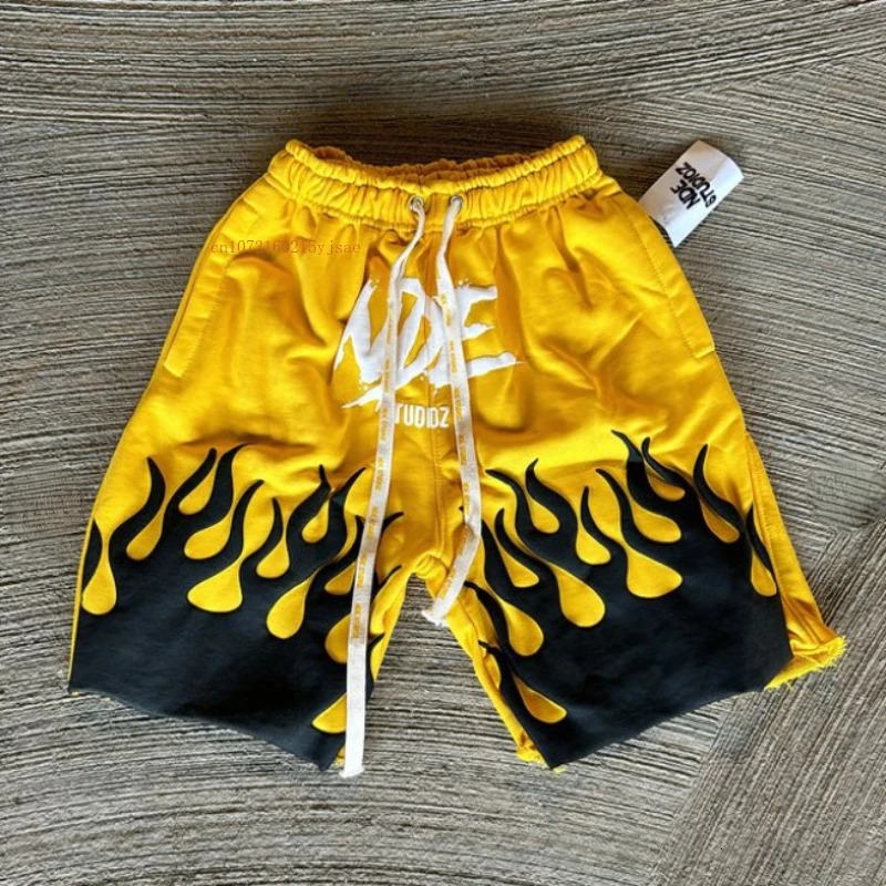 Ins Net Red Shorts Men Women Foam Flame Print American Retro Street Style Five Pants Y2k Cotton Solid Color Loose Couple Pants 250103