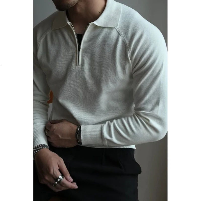 Autumn clothing mens knitted polo shirt casual fashion zipper solid color long sleeved zipper casual shirt 250103