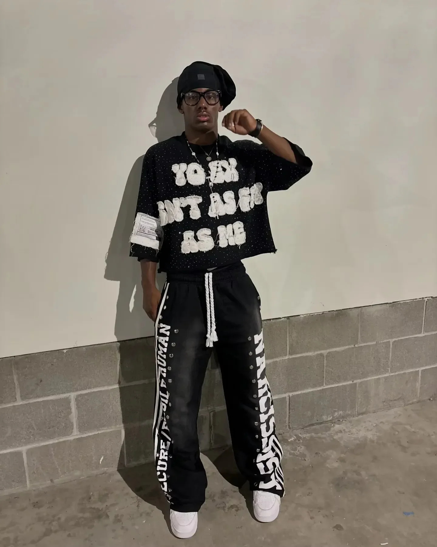 Vintage patch sports pants Y2K mens hip-hop letter glitter rhinestone stripe pocket elastic waist jogging casual Trouser 250103