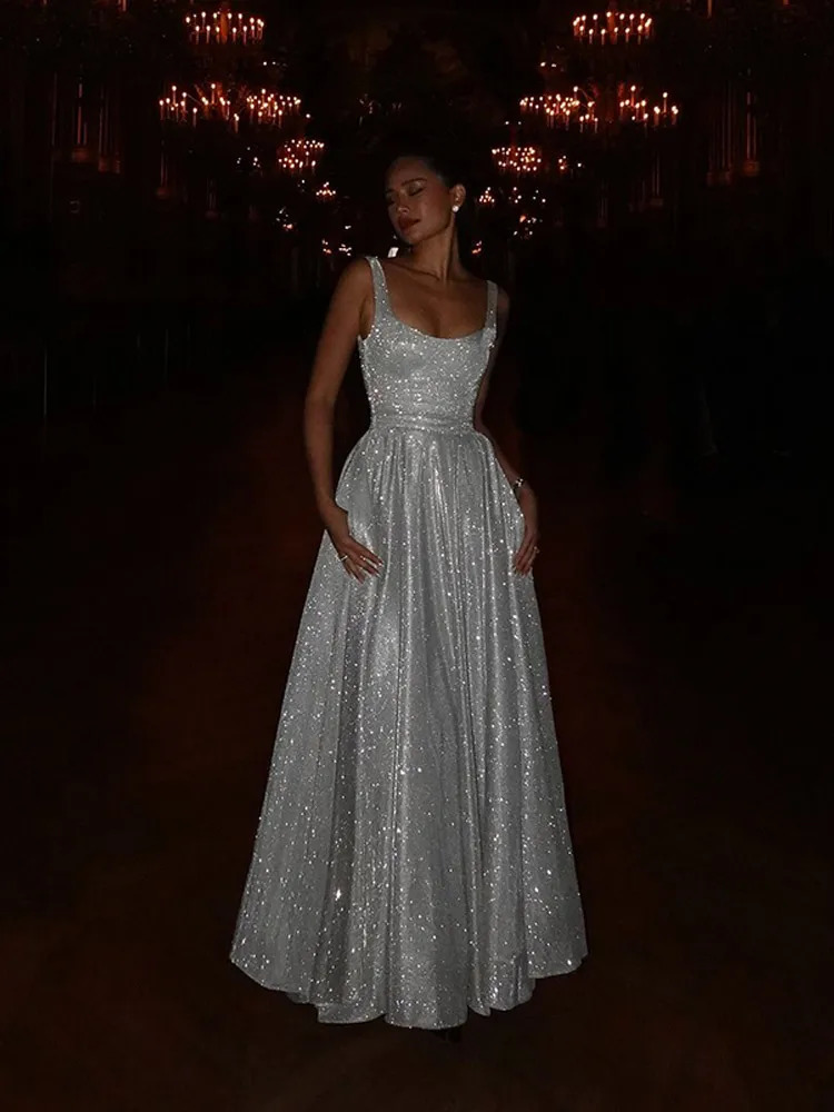 Womens Elegant Silver High Waist A-line Dress Fashionable Backless Square Neck Strap Dress 2025 Shining Party Club Womens Robe 241230