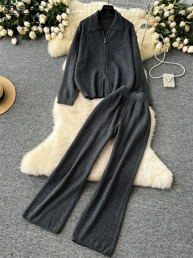 SINGREINY Knitting Two Piece Sets Women Polo Neck Zipper Cardigan SweaterLong Pants Autumn Winter Basics Casual 2pcs Suits 241230