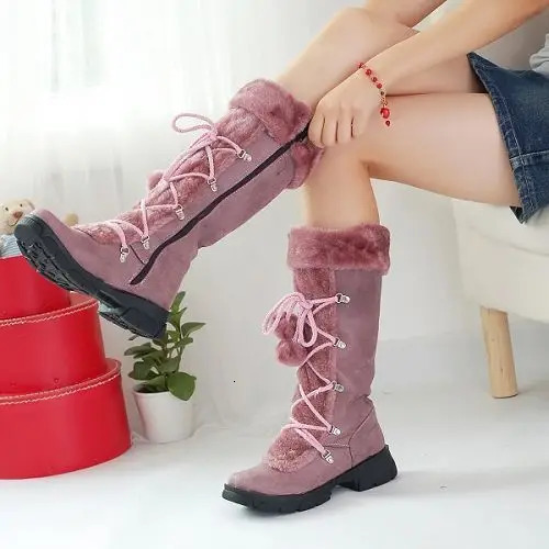 Women Fur Boots Ladies Winter Shoes Woman Zipper Casual Knee Boots Keep Warm Snow Boots Black Big Size dse3 250103