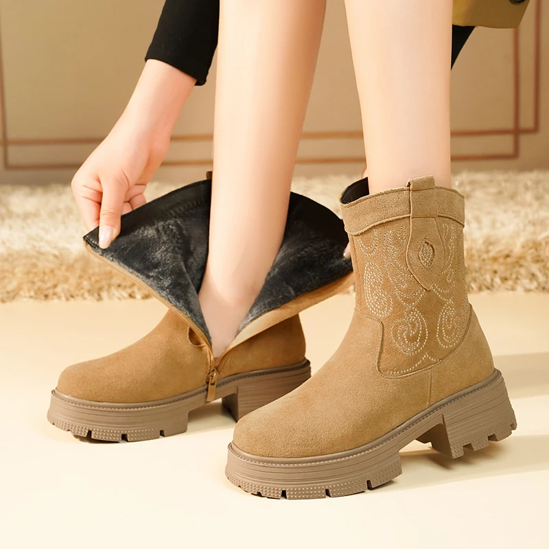 AIYUQI Western Cowboy Boots Women Genuine Leather Winter Shoes Boots Women Short Tube Fashion Women's Snow Boots