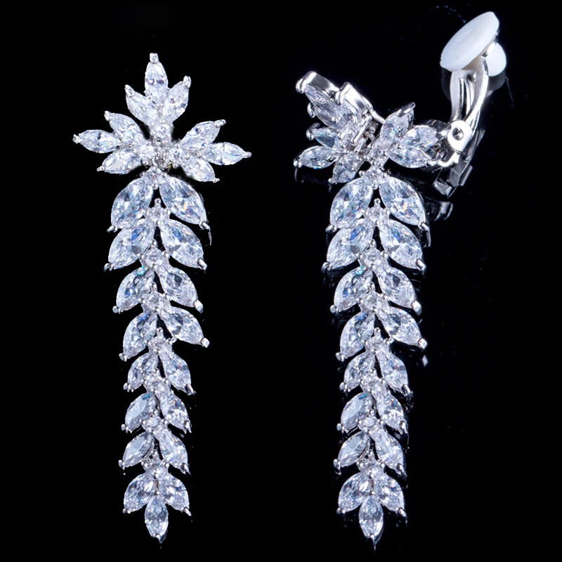 ThreeGraces Japanese n Women Jewelry Sparkly White CZ Stone Long Leaf Drop Clip on Earrings for Non Pierced Ears ER048 250103