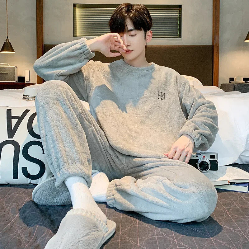 Soft Coral Fleece Pajamas Suit Men Winter Thickened Warm Flannel Homewear Male Autumn Fashion Thermal Loungewear Gents 250103