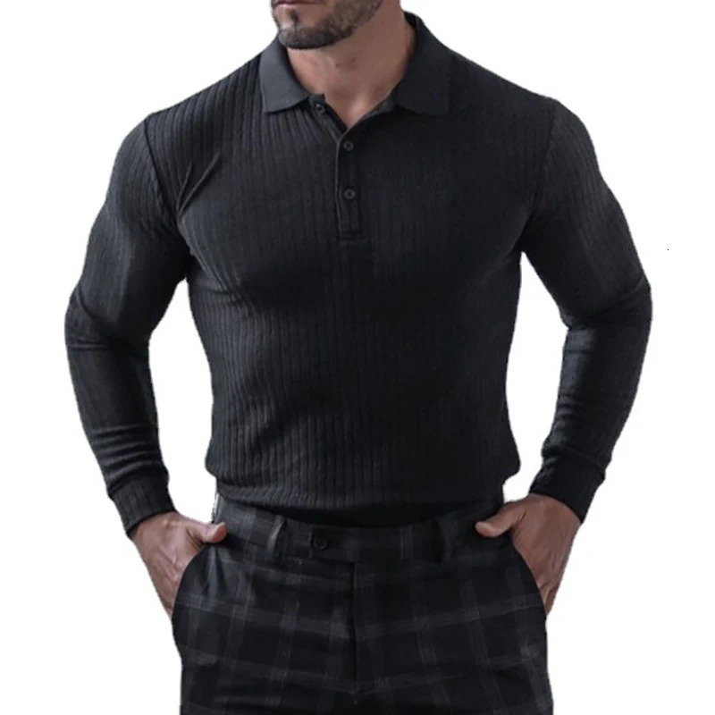 Autumn Knitted Long Sleeve Polo Shirt for Men Spring Sports Polo Shirt Gym Clothing Fitness Exercise Tight T-shirt Fitness T-shirt 250103