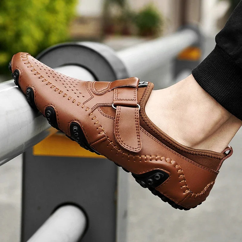 Genuine Leather Casual Italian Hollow Out Men Loafers Summer Breathable Driving Shoes Slip On Moccasins Atos Hombre