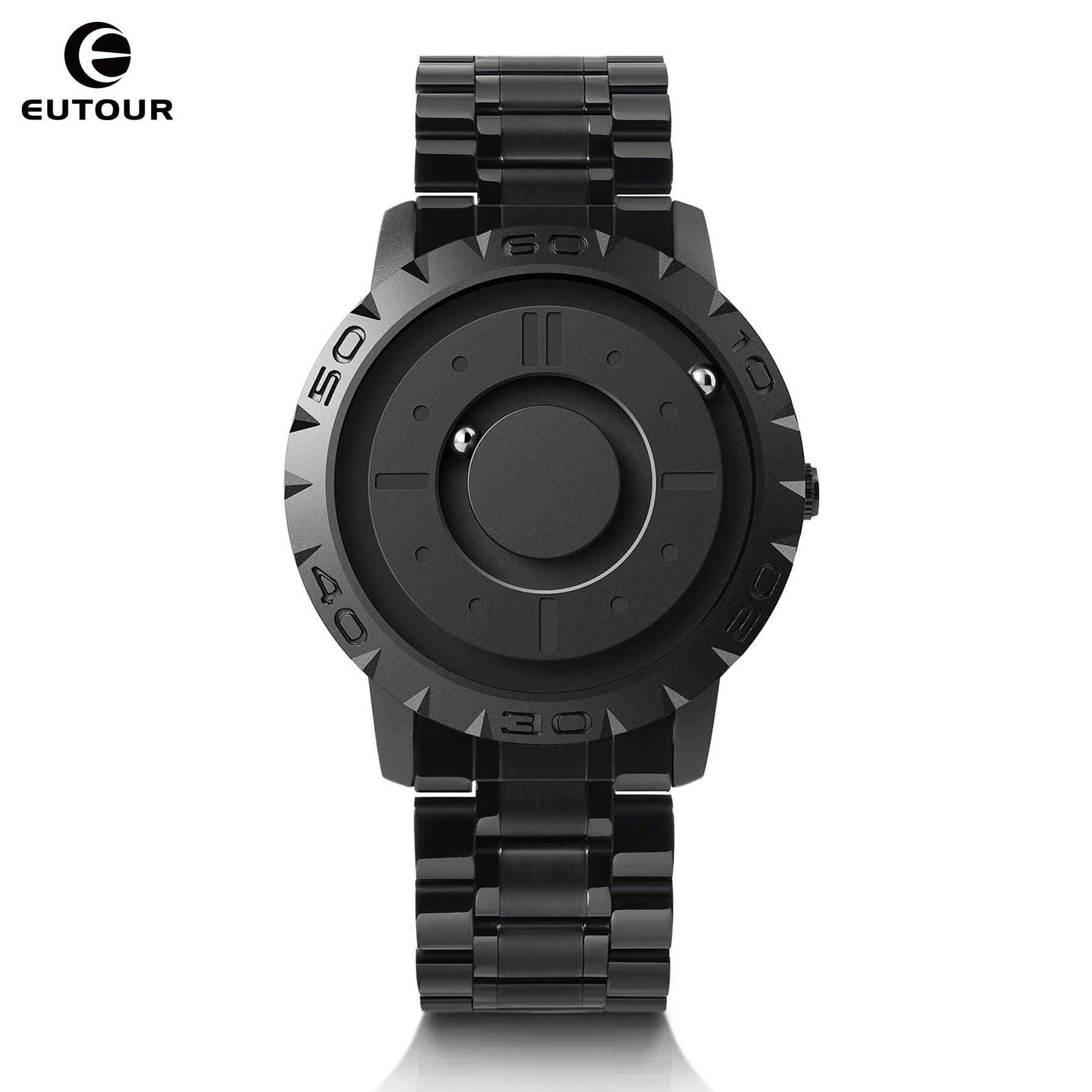 EUTOUR Mens Magnetic Mens Quartz Waterproof Leather Stainless Steel Bracelet Black Dial Fashion Sports W250104