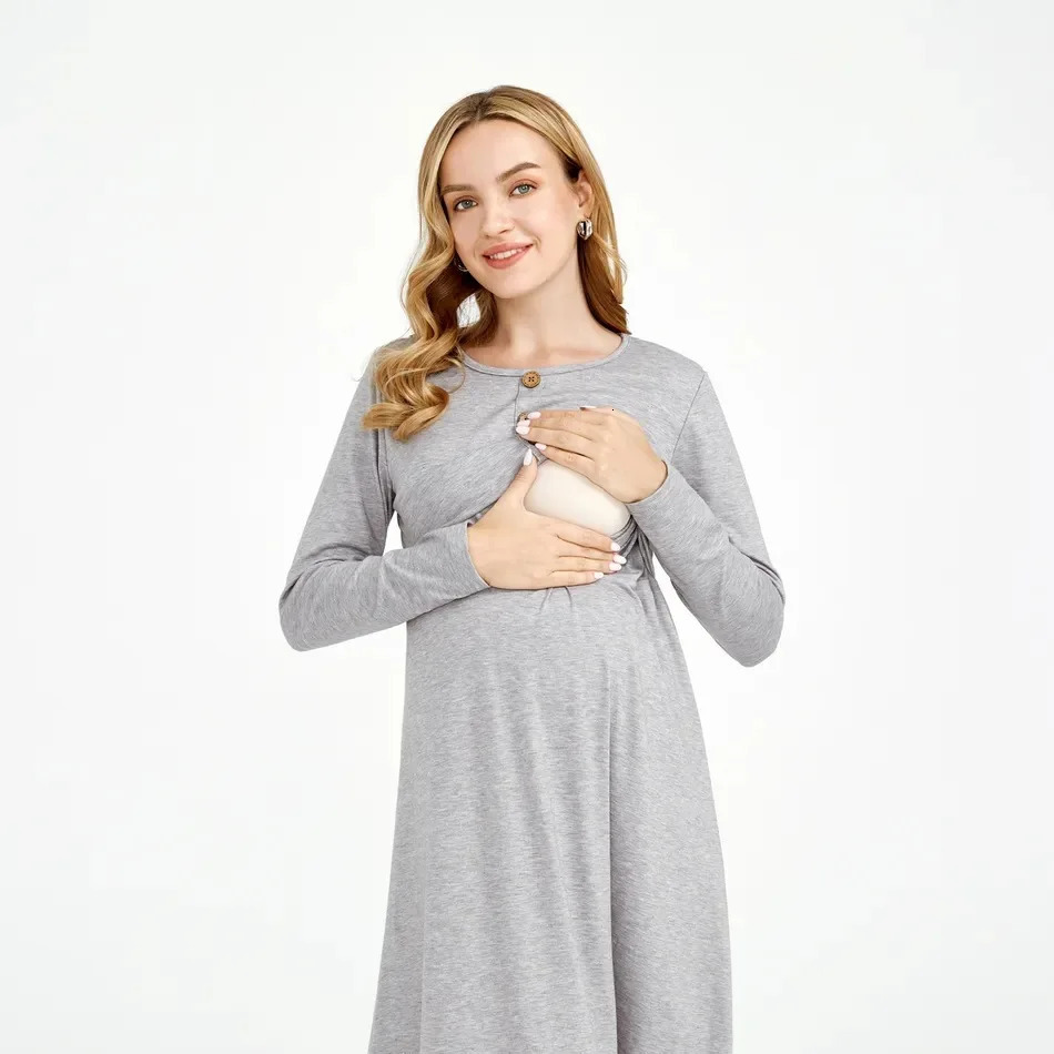 Solid Color Maternity Long Sleeved Round Neck Breastfeeding Dress Solid Color Nursing Tops For Breastfeeding Dress 250103