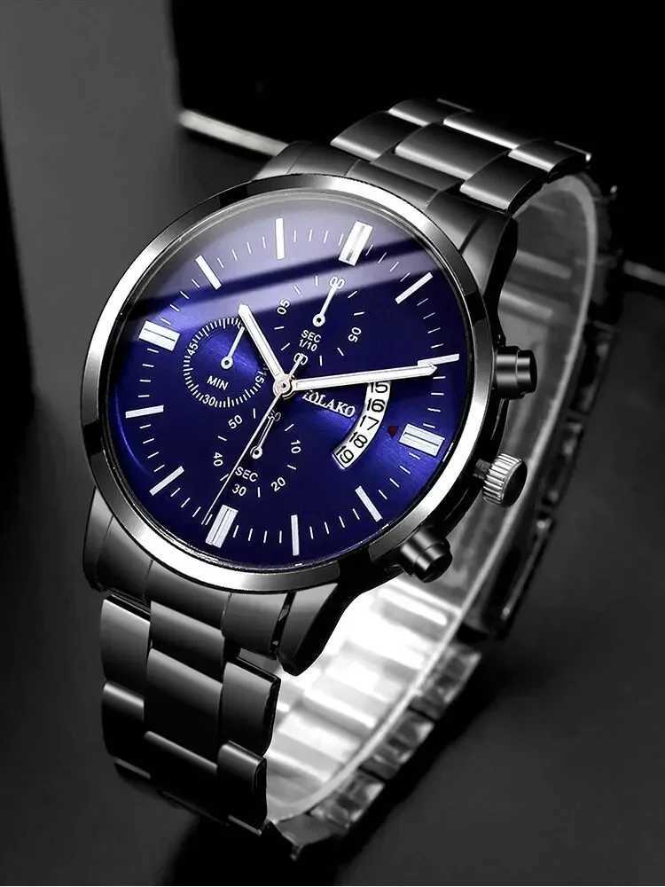 2PC Mens Busin Gentlemens Steel Belt Calendar Quartz+Chain Bracelet Set W250104