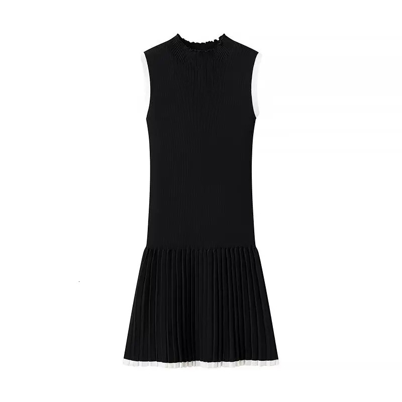 European and American style fashion contrast color round neck sleeveless knitted dress female temperament slim pleated short 250102