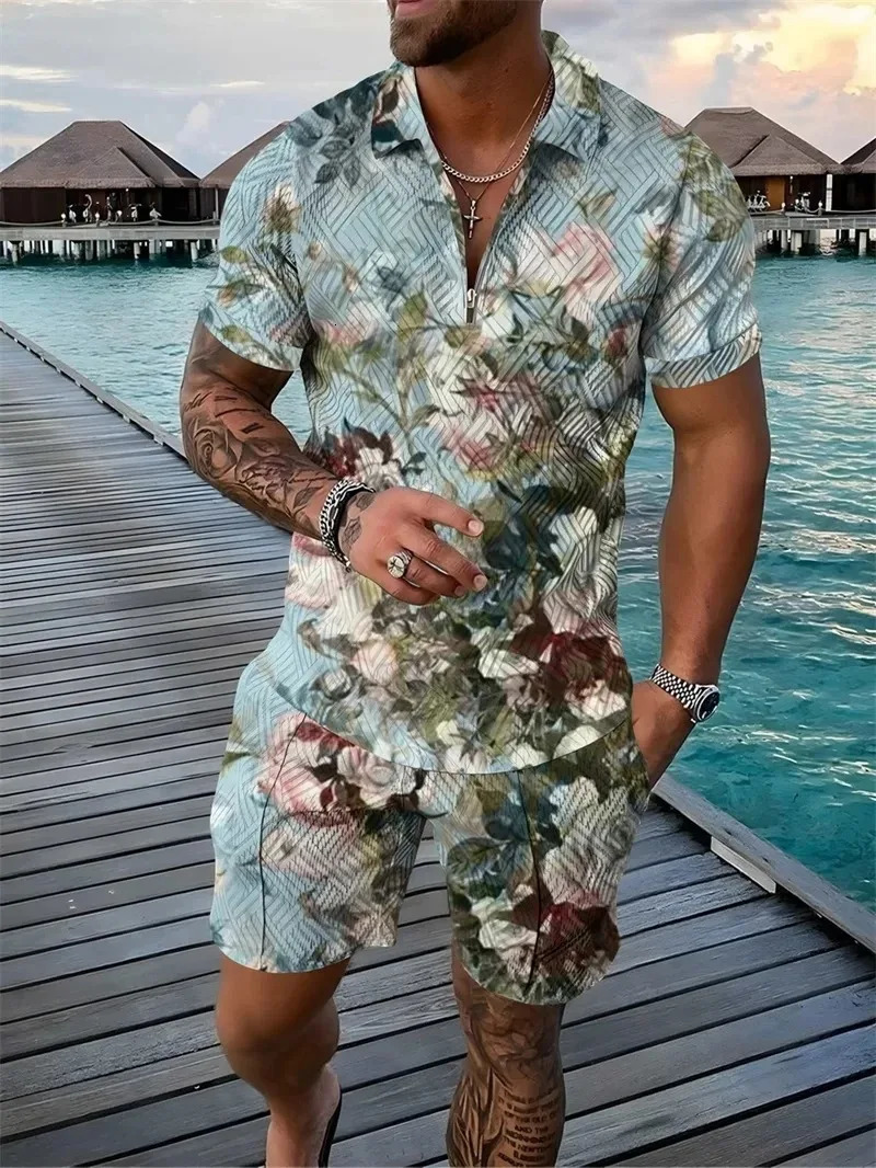 Men Tracksuit 2 pcs sets Floral Print 3D Zipper Lapel Polo Short Sleeve T Shirt and Shorts Casual Zip-Up Polo Shirt Man er 250102
