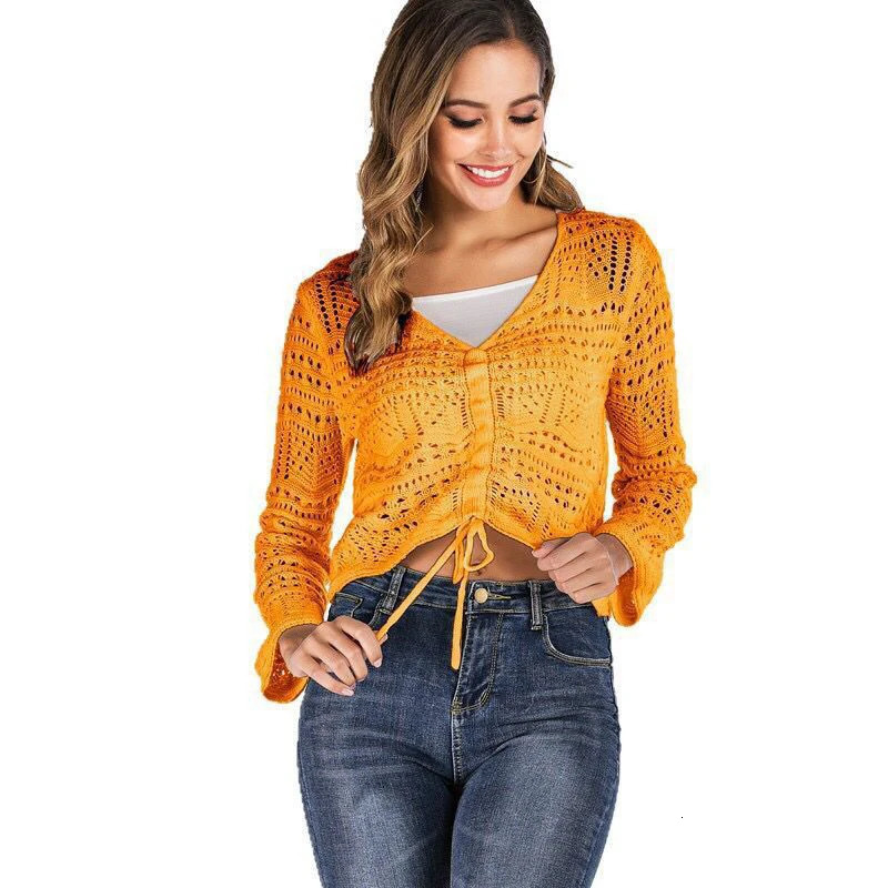 Crochet Knit Top Drawstring Hollow Shirt Long Sleeved Vneck Crop Summer Solid sweet Y2K Pullover Elegant Women Clothing 241227
