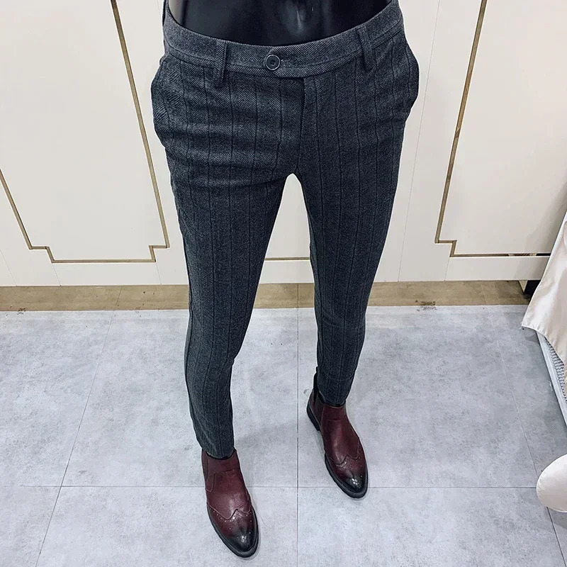 Autumn Winter Thickened Woolen Suit Pant High Quality Men Business Slim Striped Trousers Formal Wear Office Social Dress Pants 250103
