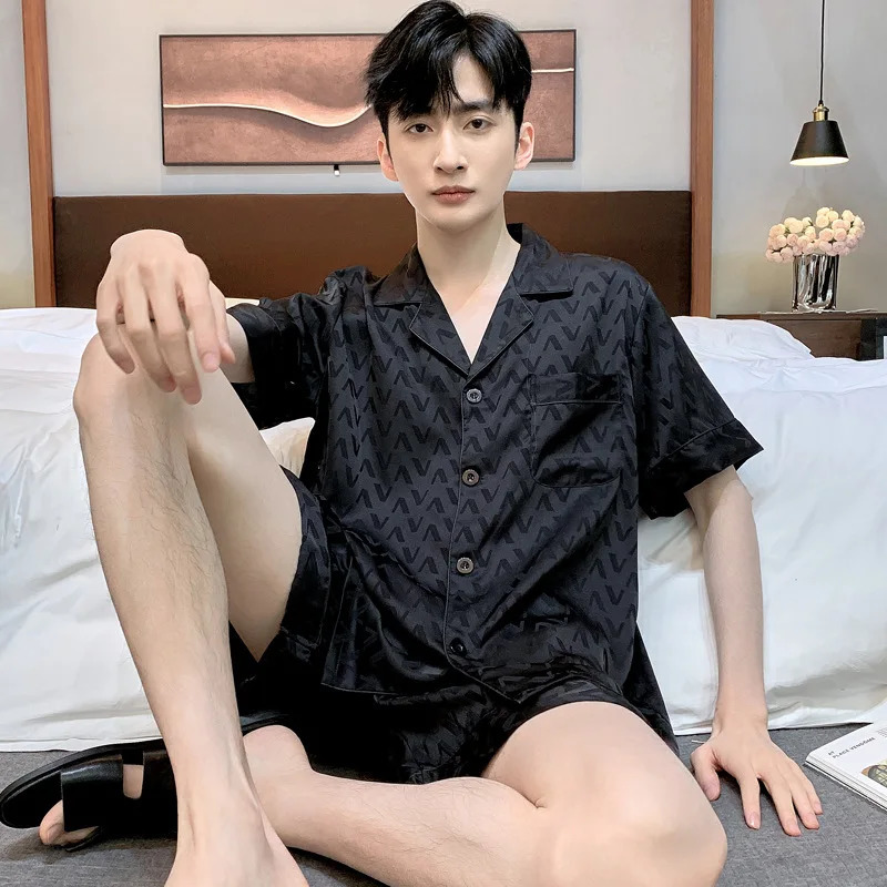 High Quality Jacquard Pajamas Suit Men Summer Ice Silk Shorts Sleepwear Set Thin Satin Largesize Loungewear Male Night Clothing 250103