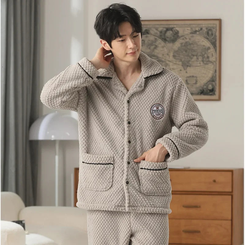 Fashion n Pajamas Set Men Autumn Winter Flannel Thermal Lapel Coral Fleece Loungewear Suit Male Comfortable Warm Homewear 250103