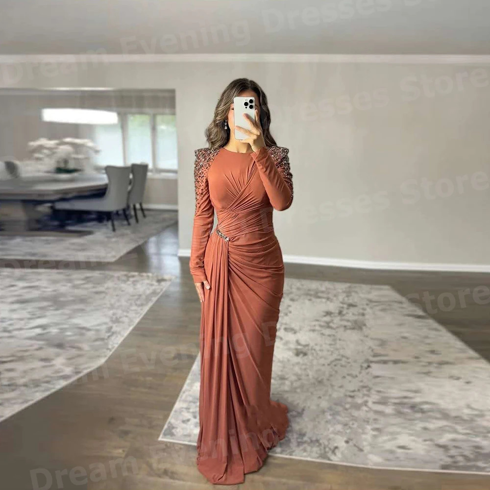 Simple Mermaid Womens Evening Dress Customized Bead O-Collar Folded Ball Dress Long Sleeve Formal Party Vest Para Mujer 250103